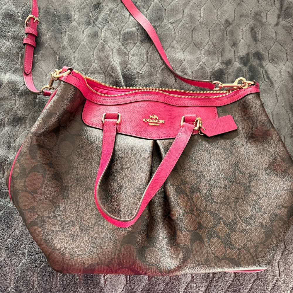 Coach Brown Signature Tote with Pink Leather Trim